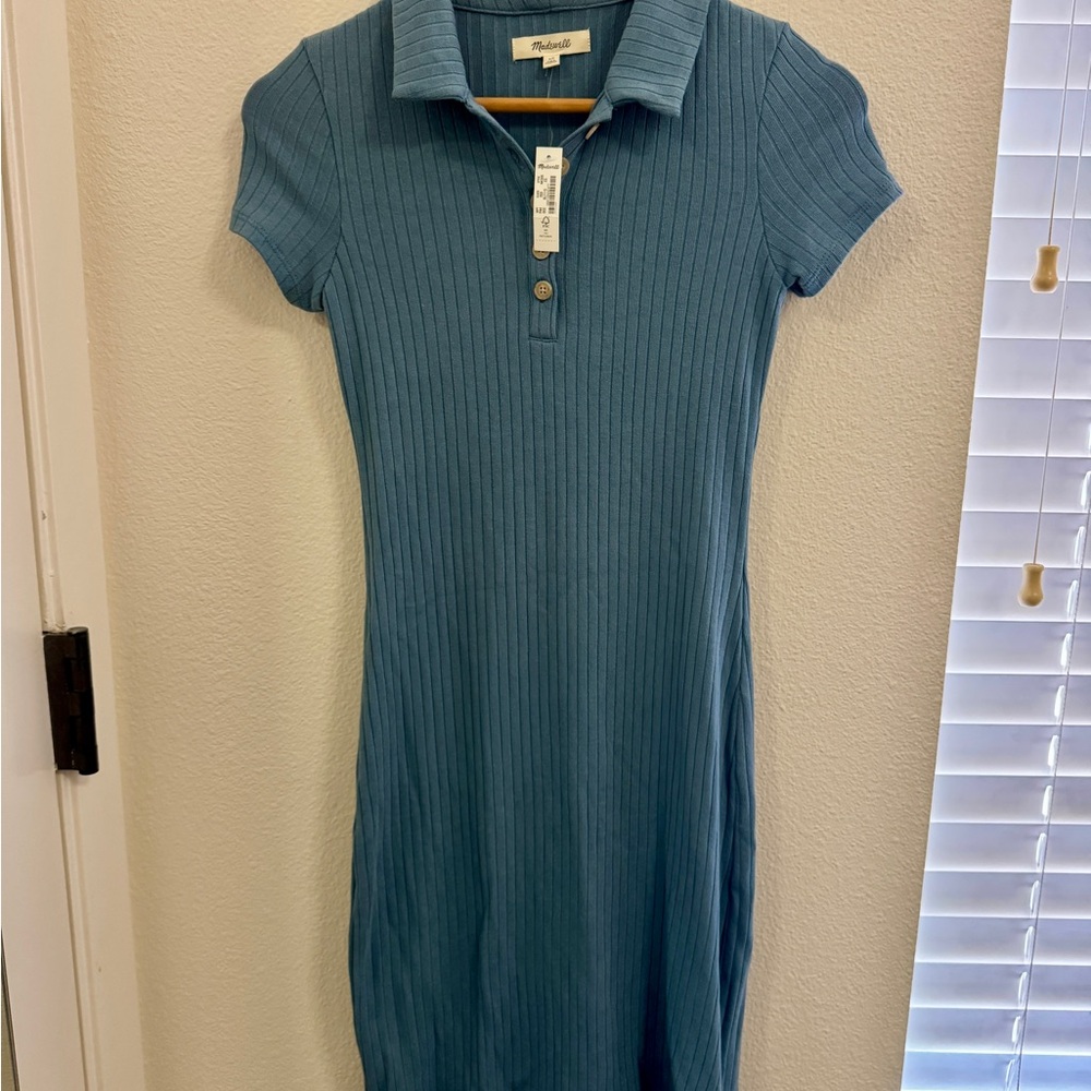 NWT MADEWELL Blue Ribbed Polo Dress - Picture 3 of 4